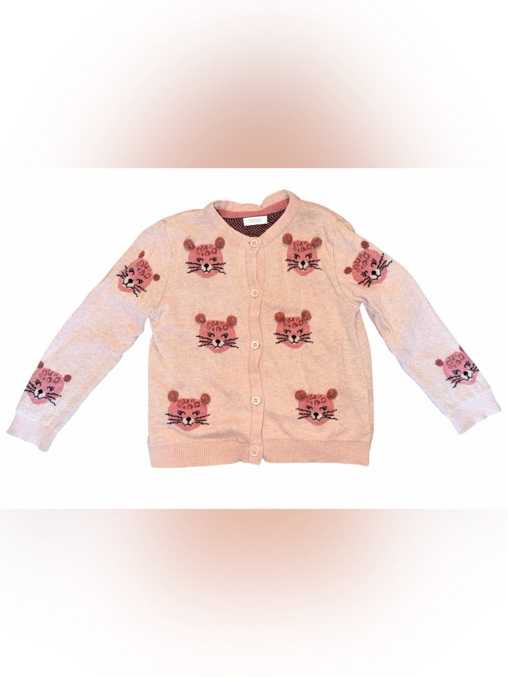 NEXT Pink Animal Face Cardigan Sweater with Pom-Ear Details, size 2-3 years
